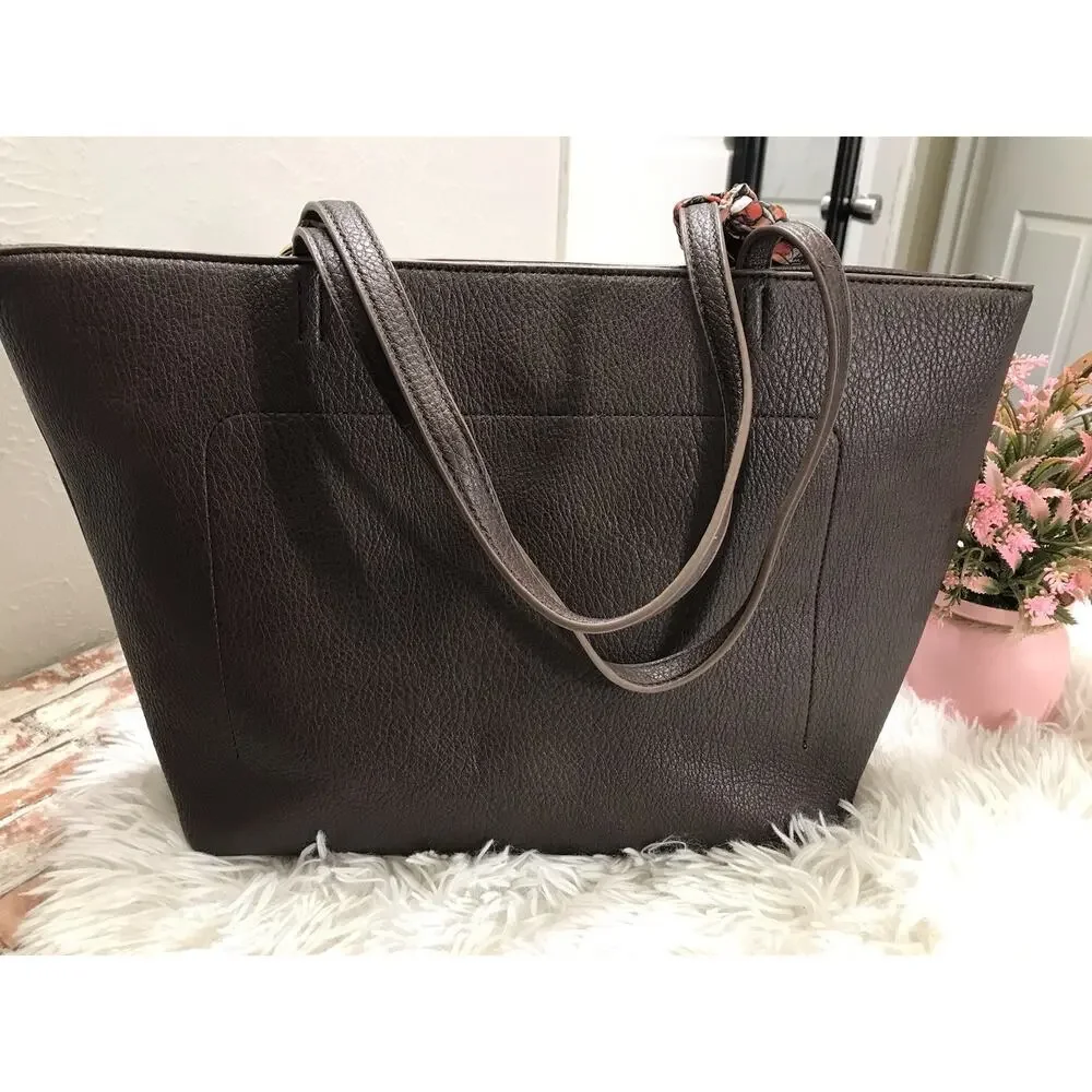 ANNE KLEIN WOMEN'S BROWN PEBBLE LEATHER TOTE GOLD SCARF HARWARE SIZE 18